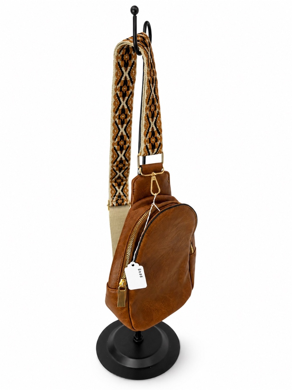 Women's Tan Crossbody Sling Bag with Patterned Adjustable Strap